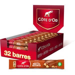 CHOCOLAT BONBON Côte d'Or  - Présentoir de 32 barres - Barre de Chocolat au Lait et Noisettes Entières - Cacao 100% Durable