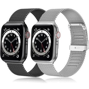 BRACELET MONTRE CONNEC. Bracelet Compatible avec Apple Watch (38mm 40mm 41mm) - Series 7 6 5 4 3 2 1 SE, Bracelet en Acier Inoxydable Tissé, Noir+Argent