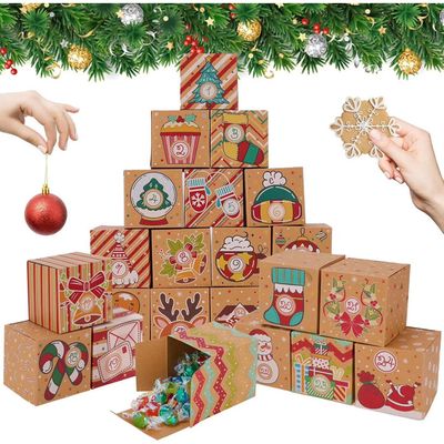 24 Boîtes Cadeaux En Papier Kraft Motif Noël - Sapins, Rennes, Bonhommes De Neige, Pour Calendrier De L'Avent, Fêtes