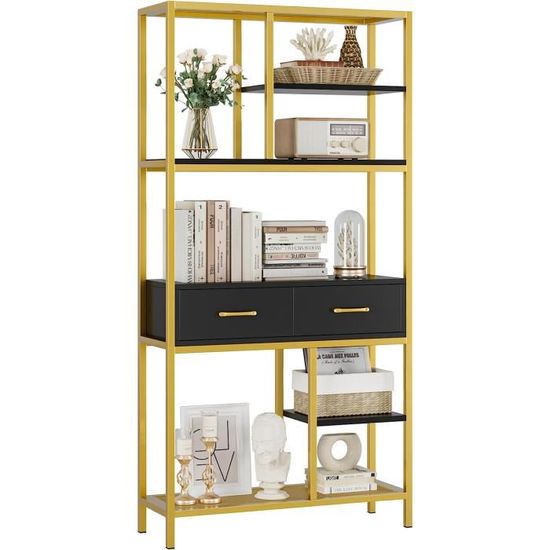 Bibliothèque à 5 Niveaux,étagère Industrielle Ouverte Pour Salon, étagère Moderne Autoportante Avec Cadre En Métal, Bureau, Chambre à Coucher, Blanc Doré,60x28x180CM