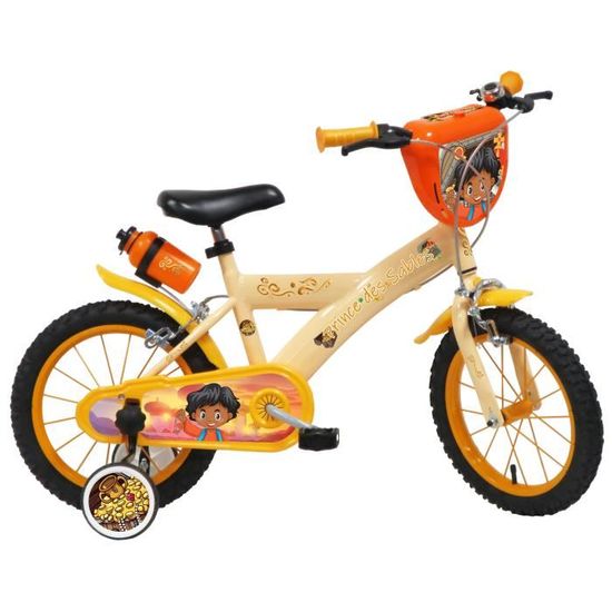 Vélo Enfant Garçon 14" Prince Des Sables - 4 à 6 ans - Beige, Orange, Jaune, équipé de 2 Freins