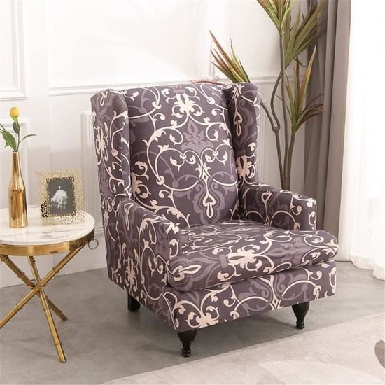 Housse De Fauteuil à Oreilles Extensible - Highdi - Fleur Et Feuille - Polyester Élasthanne