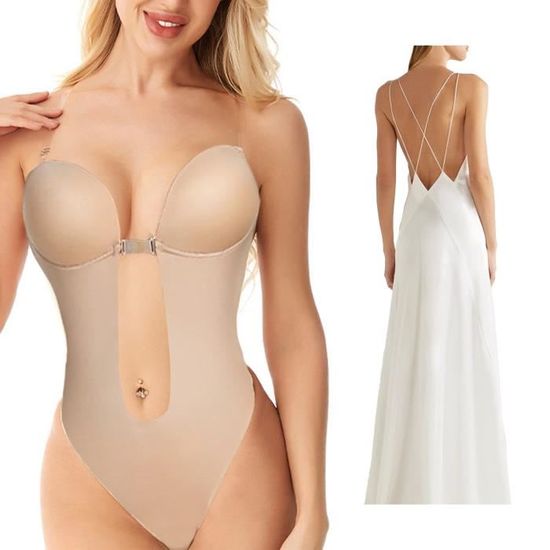 Shapewear Ventre Plat SHAPERIN Femme Body Sculptant Dos Nu Invisible Thong Bodysuit Gainant Ventre Plat Avec Push Up Soutien Gorge, Beige, S Lingerie Sans Couture Amincissante - 10