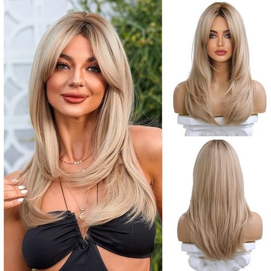 Perruque Femme 26 Pouces Marron Et Blonde - Frange, Ondulée, Synthétique Résistante à La Chaleur