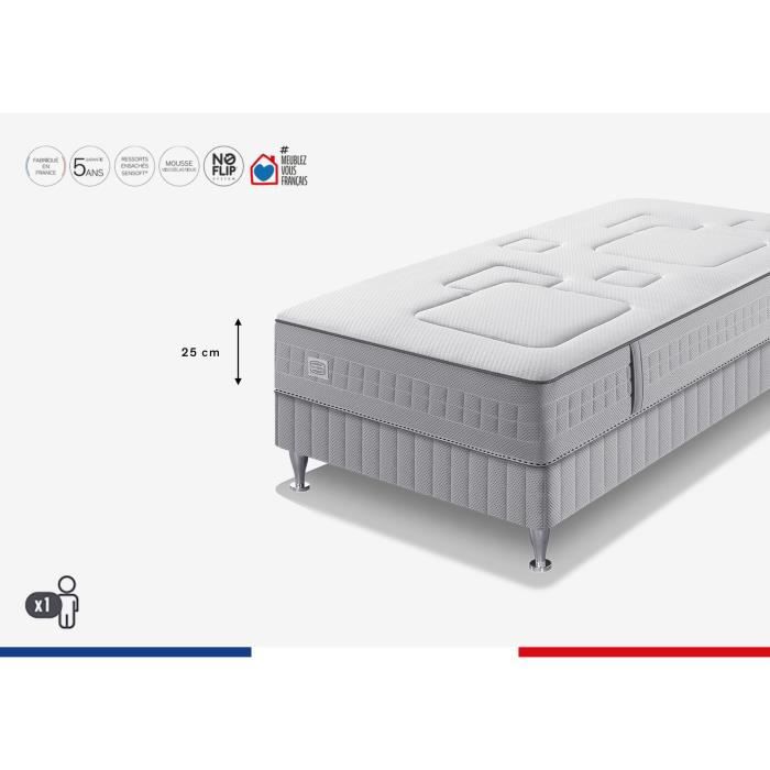 Ensemble matelas sommier 90 x 200 SIMMONS Hauteur 25 cm - Ressorts ensachés Sensoft - Fabriqué en France - SW3