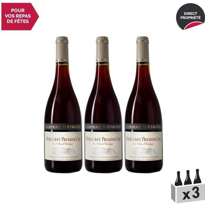Mercurey 1er Cru Le Clos l'Evêque Rouge 2017 - Lot de 3x75cl - Château d'Etroyes - Vin AOC Rouge de Bourgogne - Cépage Pinot Noir