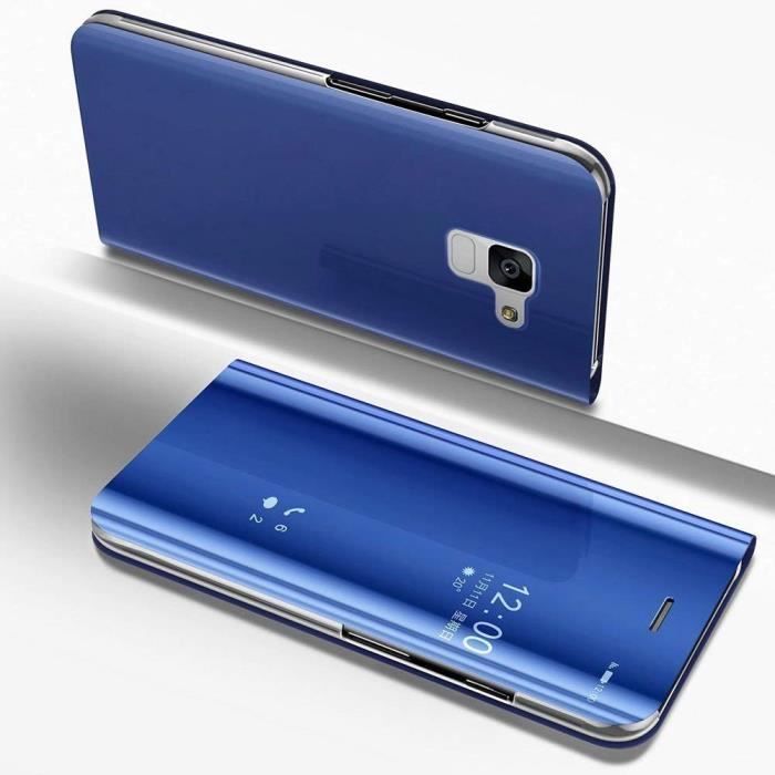 Miroir Coque Samsung Galaxy A8 2018, Luxe Placage Effet Étui à Rabat en PU Cuir + PC Matière Clear View Design Fonction Stand, Bleu