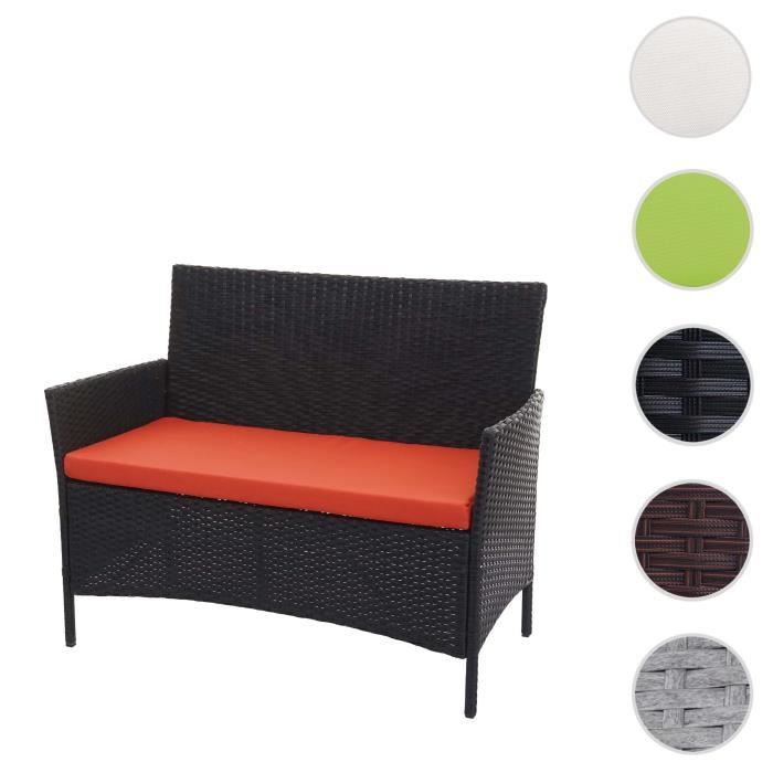 Banc de jardin Halden en polyrotin ~ noir, coussin terre cuite