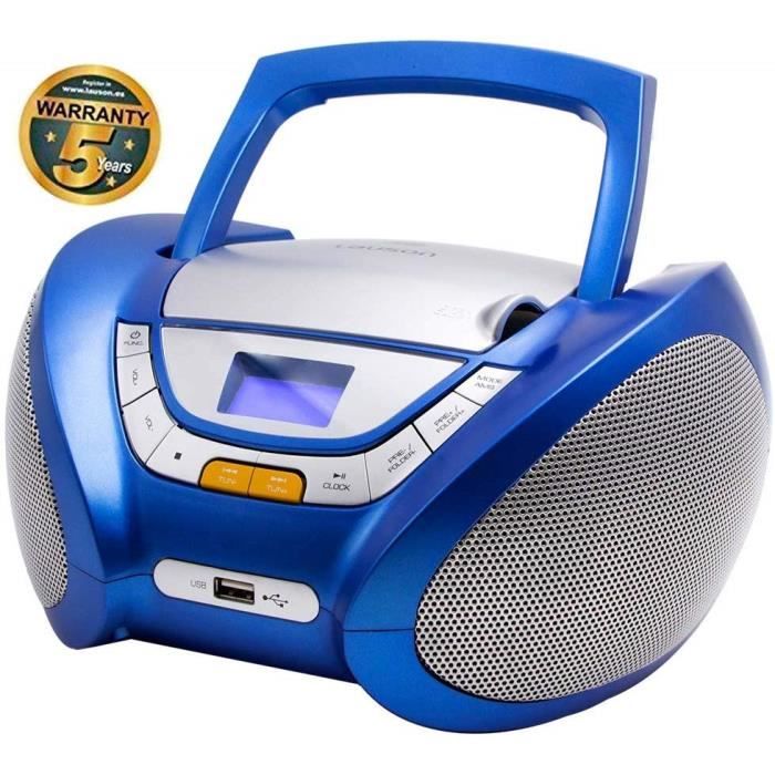 Lauson CP446 Lecteur CD Boombox Radio Portable avec USB, Lecteur MP3 pour Enfant. Prise Casque, Aux-in, Écran LCD (Bleu)