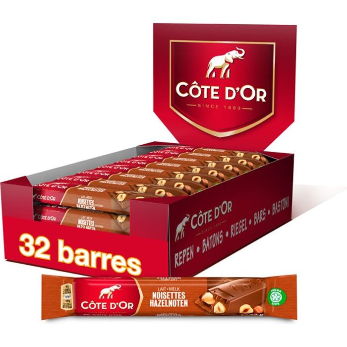 Côte d'Or - Barre de Chocolat au Lait et Noisettes Entières - Cacao 100% Durable - Présentoir de 32 barres (45g)
