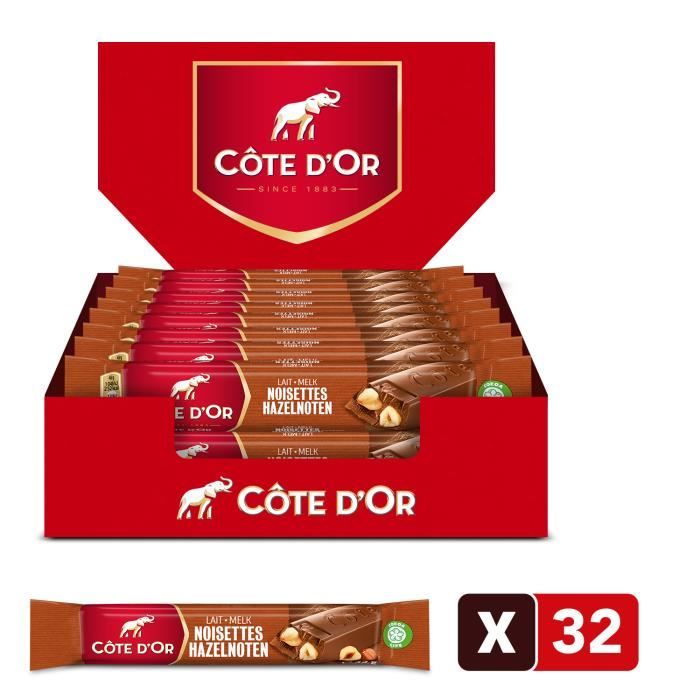 Côte d'Or - Barre de Chocolat au Lait et Noisettes Entières - Cacao 100% Durable - Présentoir de 32 barres (45g)