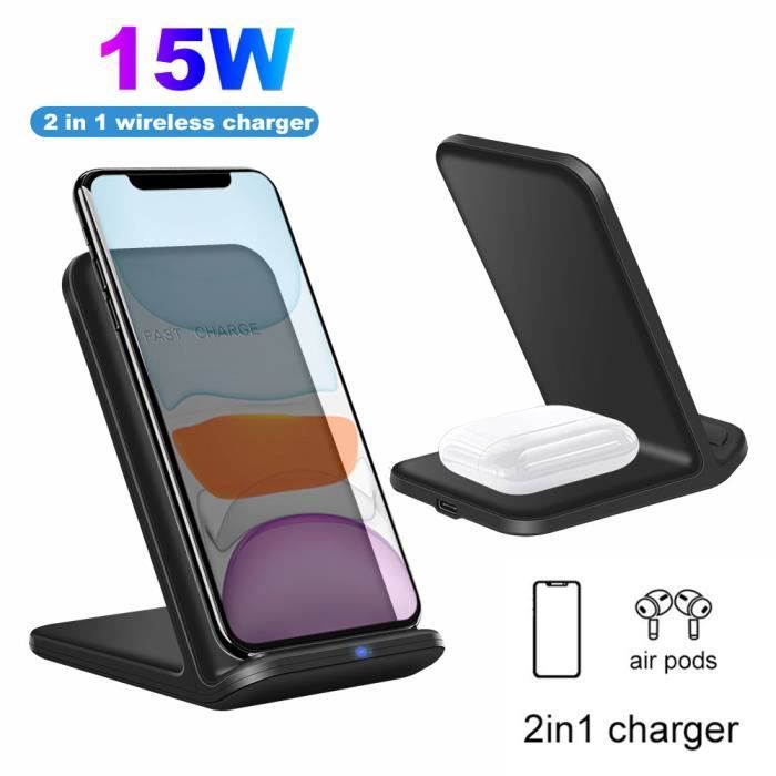 15W Qi Chargeur sans fil Station de charge de téléphone portable 2 en 1 Pad de charge rapide pour Apple Airpods Iphone Samsung