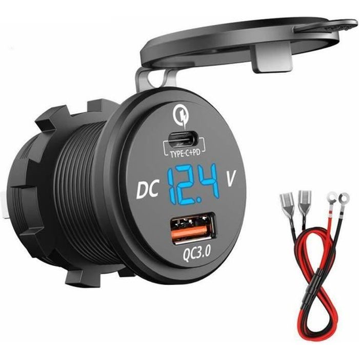 IFCOW®Chargeur USB PD + adaptateur de prise de chargeur Fast Charge 3.0 avec voltmètre LED pour moto de voiture 12 / 24V