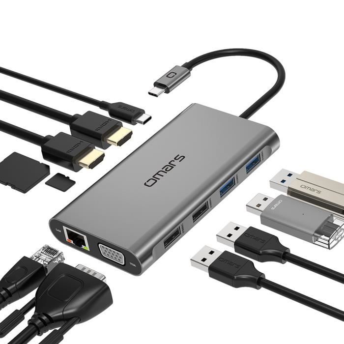 Omars Adaptateur USB C Hub 11-en-1,Triple Affichage(Dual HDMI 4K&VGA),RJ45 1Gbps LAN, 4xUSB,Lecteur de Carte SD/TF,Type C 100W PD