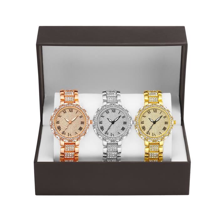 Coffret Cadeau Montres Femmes de Marque - Chiffres Romains Diamants - Acier - Trois Montre Femme - Cadeau pour les femmes de noël