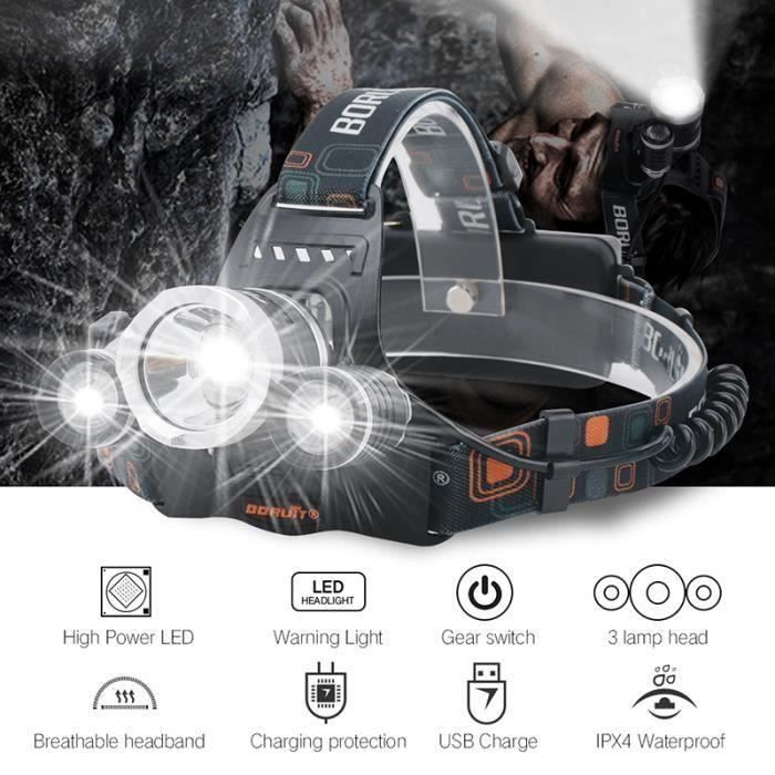 eTakin Lampe Torche Frontale Ampoules LED avec 2pcs 18650 Batteries et USB Câble ET385