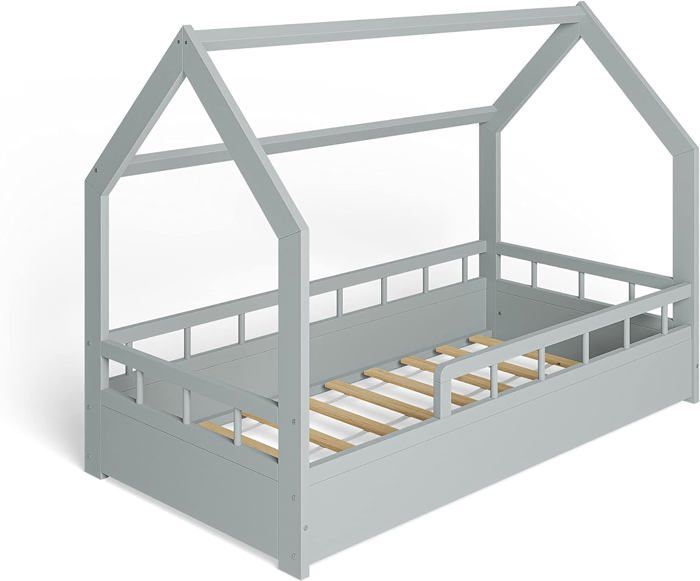 MS FACTORY Lit Enfant Bébé Maison 80x160 cm - Lit en Massif Cabane - Style Scandinave - Gris Demi-barrières