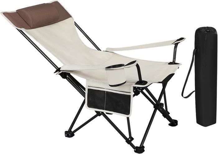 woltu chaise de camping, fauteuil de pêche pliable avec appui-tête, porte-gobelet, poche de rangement, charge 150kg, beige