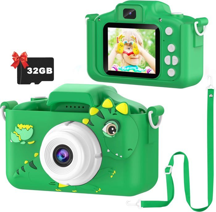 Appareil Photo Enfant Dinosaure – Caméra Selfie HD 1080p – Carte SD 32 Go Incluse – Jeux Et Filtres – Dès 3 Ans – Cadeau Filles Garçons