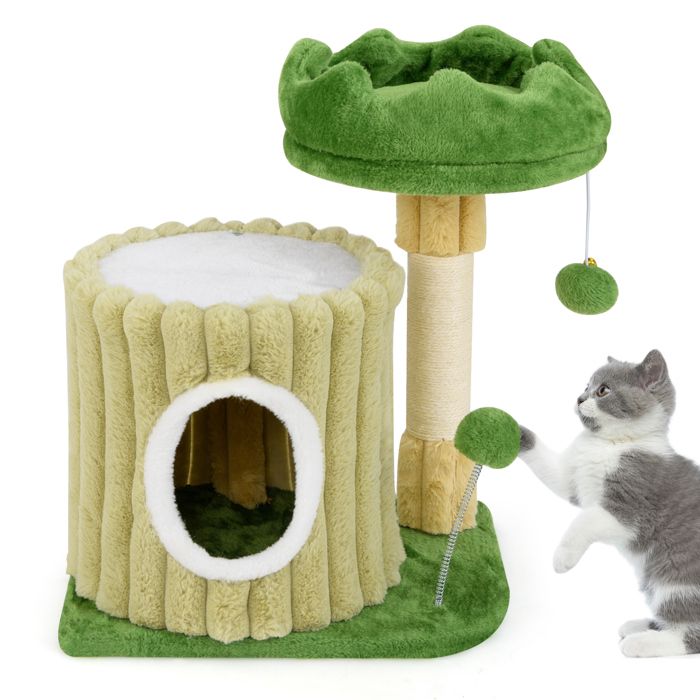 Meilleurs prix pour Arbre à Chat Mignon 54cm COSTWAY, Poteaux à Gratter en Sisal, Perchoir en Peluche, Maison de Repos, Balle Suspendu, Pompon Suspendu