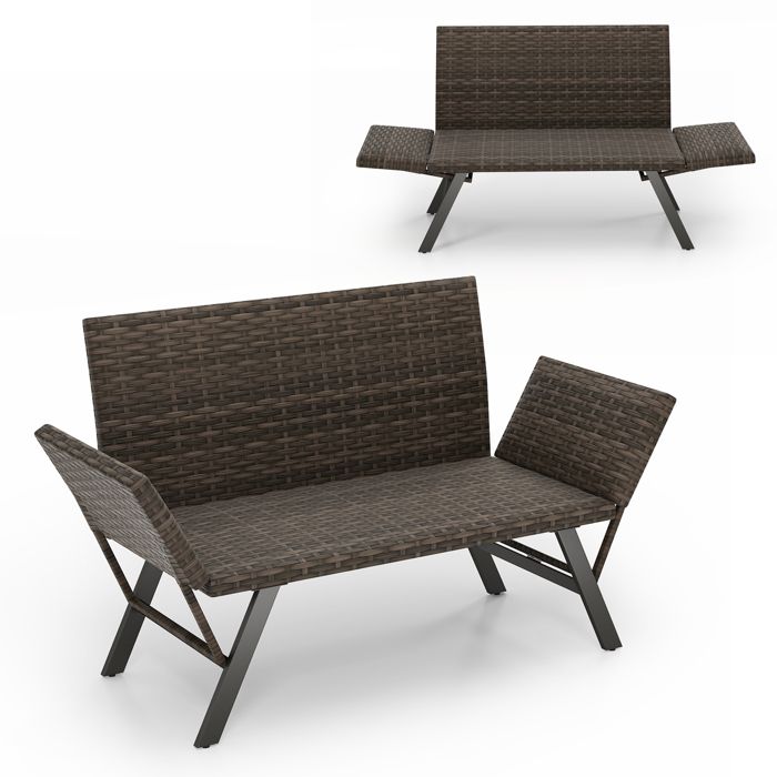 COSTWAY Chaise de Jardin Convertible 2 Places Rembourré en Mousse Accoudoirs Réglables Causeuse Canapé en Osier Capacité 300 KG