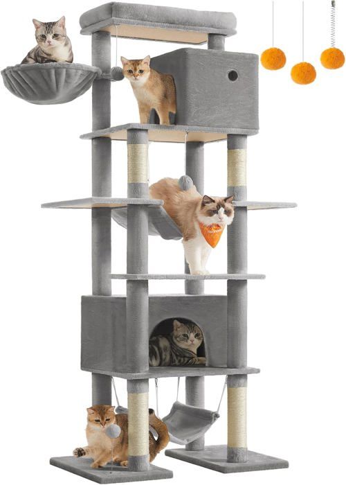 Meilleurs prix pour Arbre À Chat 201 Cm Forme De Tour Taille Xxl Multi-Niveaux 1 Plateforme 1 Panier 2 Niches 2 Hamacs Dispositif Anti-Bascu
