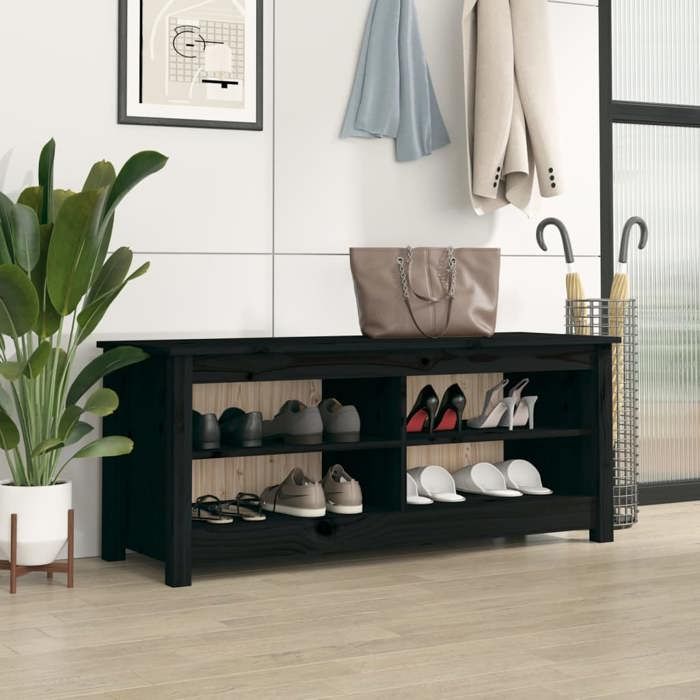Banc à Chaussures Noir 110x38x455 cm Bois de Pin Massif Meuble Bas Meuble Chaussure Banc Entree Banc Chaussures Entrée Armoire