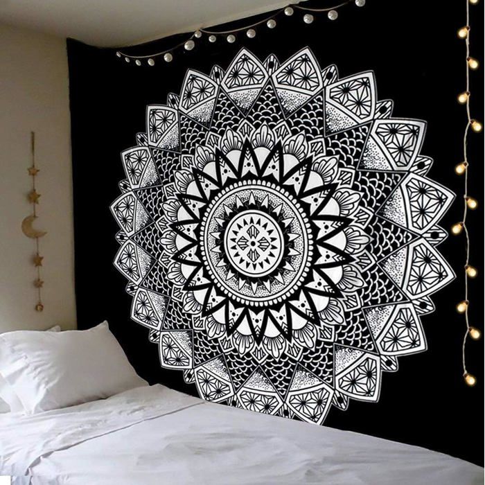 Tapisserie murale mandala hippie noir et blanc dcoration psychdlique 150x200 cm PZCC