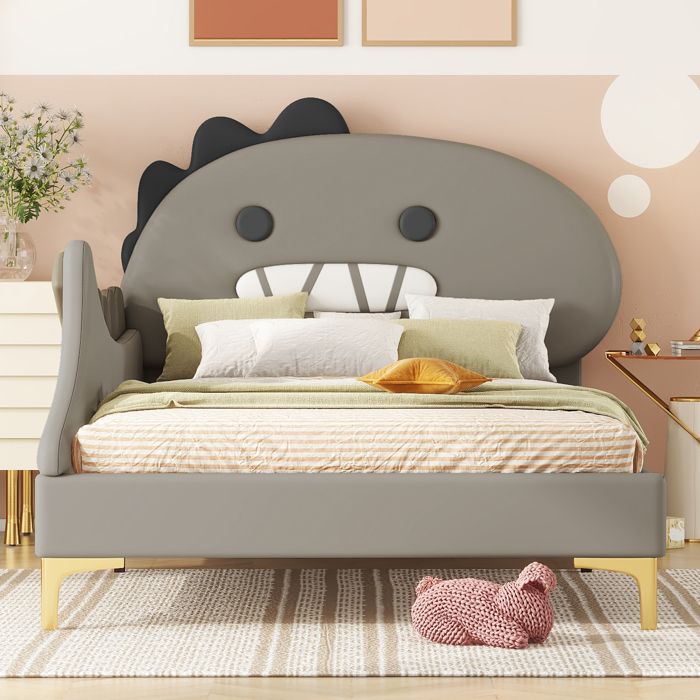 Lit Enfant Dinosaure 90x200 cm en PU et MDF Design Cartoon avec Tête de Lit Rembourrée Lit Junior Gris