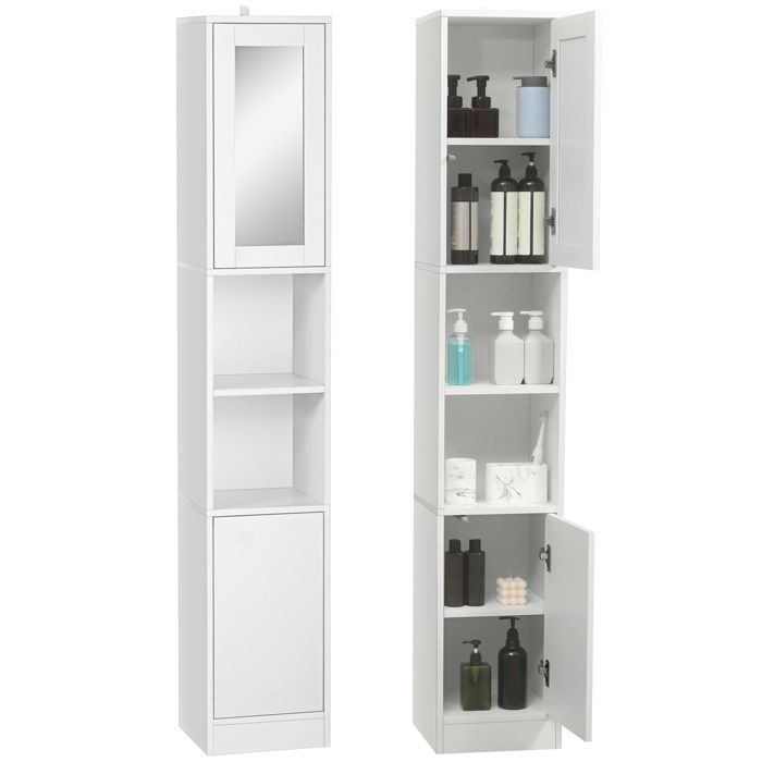Meuble colonne de salle de bain - kleankin - miroir 2 portes étagères réglables - panneaux de particules - 30x28x170cm - blanc Meuble colonne de salle de bain - kleankin - miroir 2 portes étagères réglables - panneaux de particules - 30x28x170cm - blanc