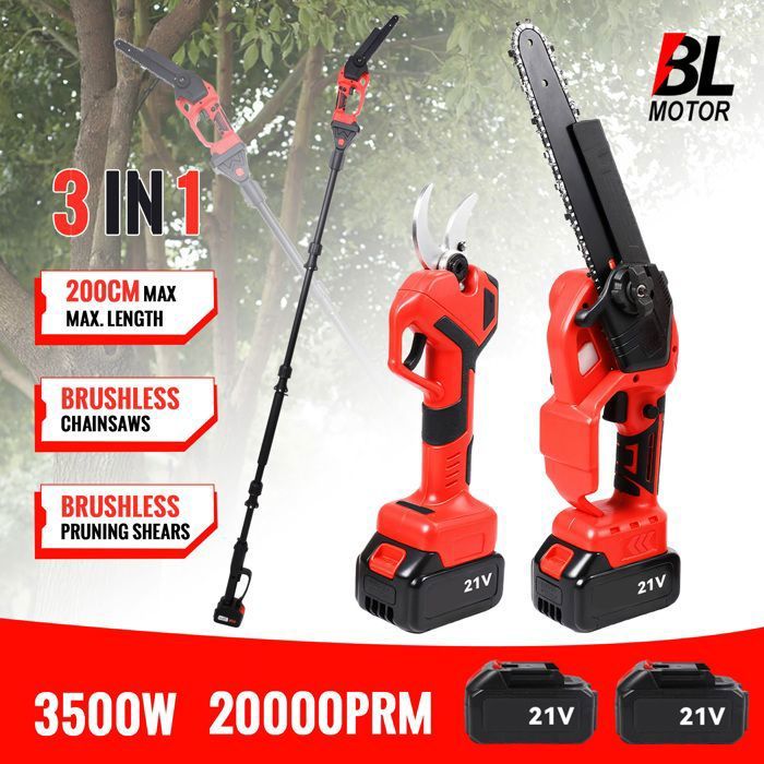 Coupe Branche Télescopique 200 cm avec 2 Batteries Tronçonneuse Sans Fil 8 Pouces Secateur Électrique 40 mm 180° Angle Réglable