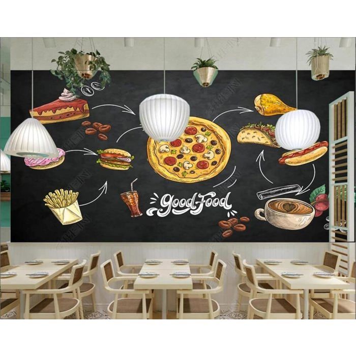 Papier Peint Chalkboard Pizza Hamburg Fast Food 3D Texture Soyeuse Salle à Manger Bureau Détude Canapé Chambre TV Mur-350cm×250cm
