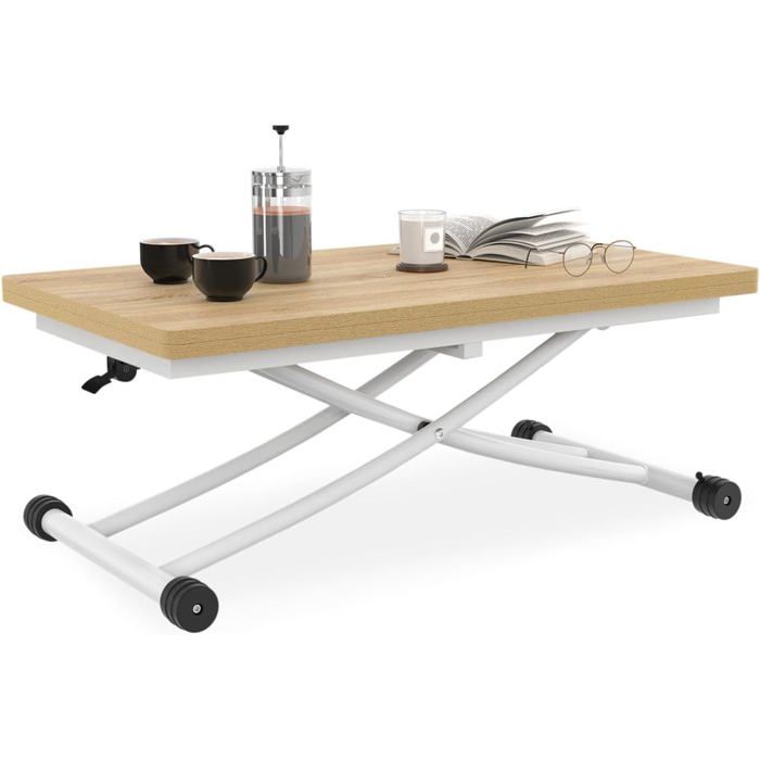 IDMarket Table Basse Extensible Relevable Urbana - Bois Hêtre Pied Blanc 2en1 Table à Manger