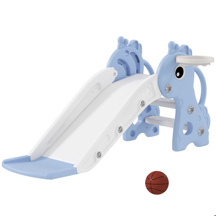Toboggan pour enfants - AIYAPLAY - 3 en 1 - en forme de girafe - panier de basket escalade et ballon - 106 x 515 x 52 cm - bleu