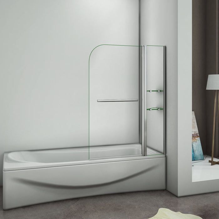 Pare baignoire chromé pivotante L.100 x 140 cm avec 2 étagères - 6mm verre sécurité - solution pratique élégante