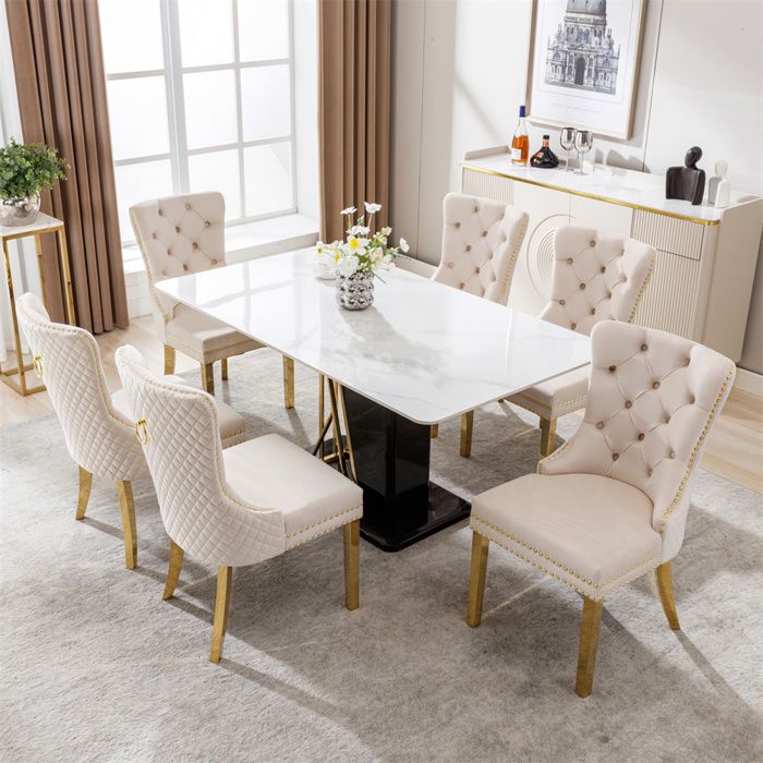 Chaises Salle à Manger - Lot de 6 Chaises - Chaise de cuisine - Assise Épaisse - Pieds en Métal doré - Velours - Beige