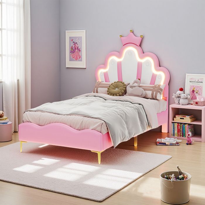 Lit Enfant 90x200cm Lit Fille avec LED et Sommier à Lattes Lit Princesse Lit Simple Rembourré avec Tête de Lit PU Rose 1 Places