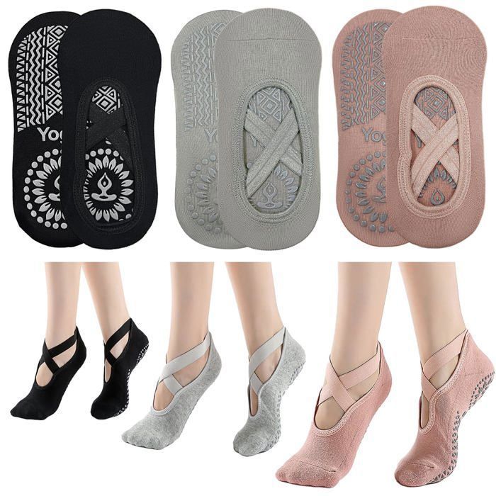 Chaussettes de yoga antidérapantes 3 paires par paquet taille unique avec bandes et sangles antidérapantes.