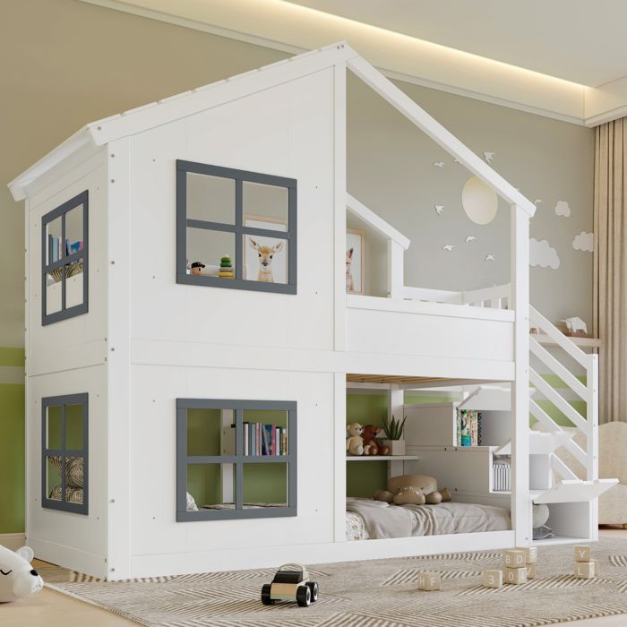 Lit superposé pour enfants 90 x 200cm lit cabane avec fenêtre et toit échelle de rangement et sommier à lattes pin + MDF blanc