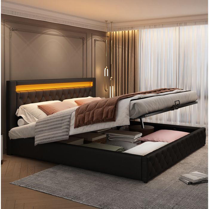 Lit coffre adulte 180x200 cm avec LED et coffre de rangement sommier à lattes tête de lit haute PU noir