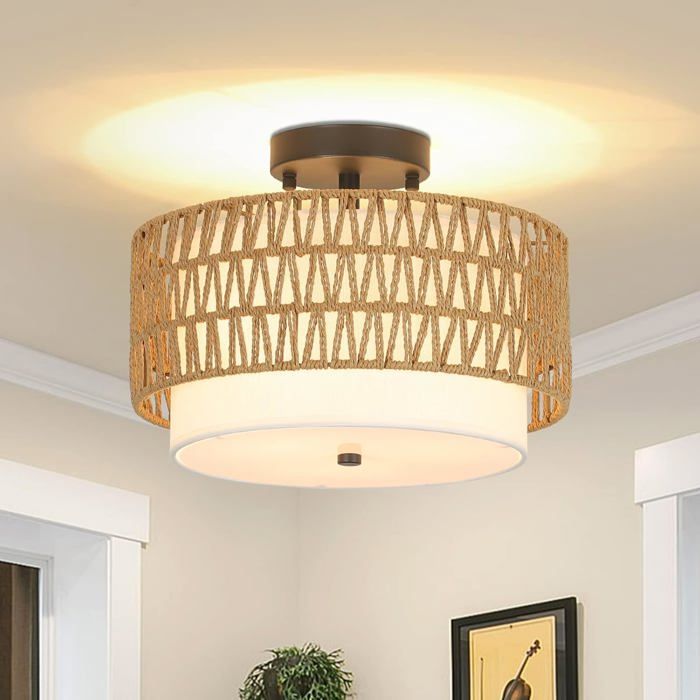 Plafonnier boho en rotin-KAL-Plafonnier Boho Vintage en Rotin Abat-Jour en Lin Semi Flush Mount pour Chambre Cuisine Salle à Manger