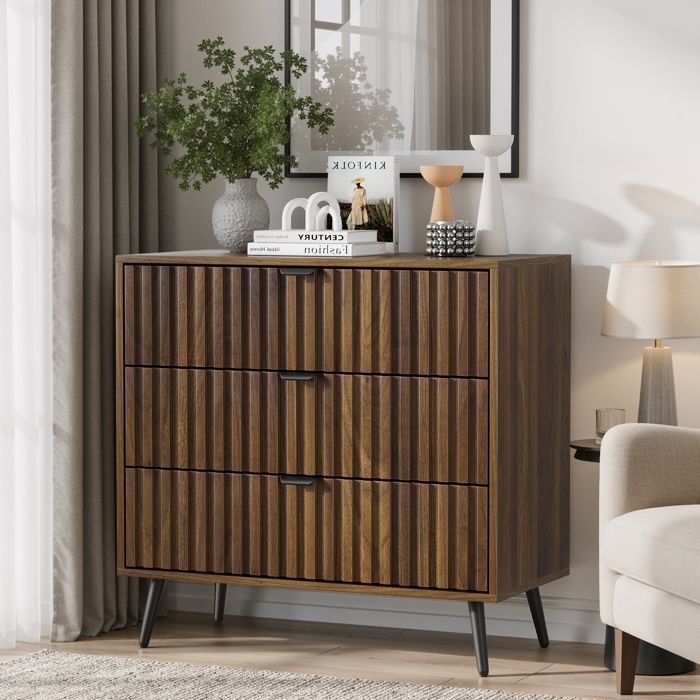 Commode BELLEMAVE avec 3 tiroirs armoire de rangement en bois couleur noyer moderne pour salon chambre et couloir