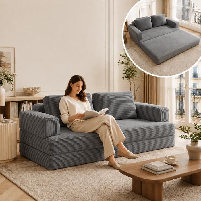 Canapé convertible - 2 places - Sans Montage - Canapé-lit - Chambre damis ou Salon - Velours côtelé Gris - L 160 x H 62 x P 90 cm