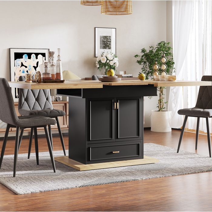 Table à manger extensible décor bois naturel avec rangement intégré 110–140 cm