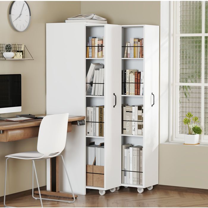 Bibliothèque extensible blanche sur roulettes en MDF 2 modules indépendants 4 étagères par module réversible