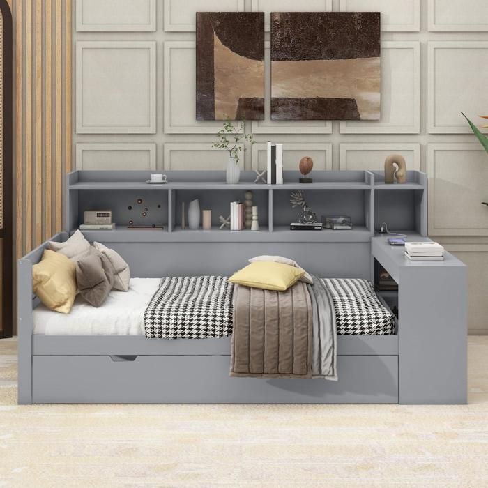 Lit - KOMHTOM - 90x200 - Canapé-lit bureau - 2 tiroirs - Prises USB & secteur