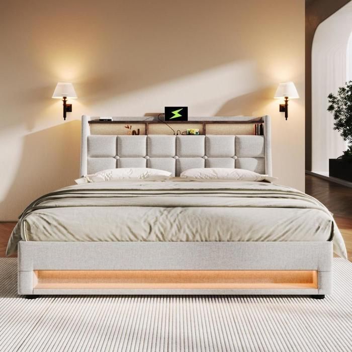 Lit 160x200 - KOMHTOM - Modèle Lin - LED télécommandable - Port USB - Sommier métallique inclus