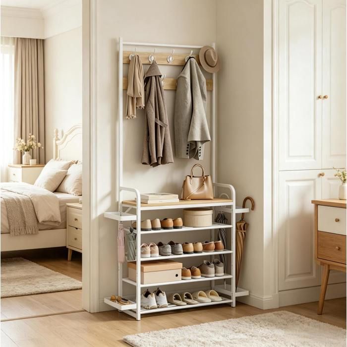 WOVREO vestiaire dentree 104 x 30 x 190 cm avec 9 crochets doubles range-chaussures 4 niveaux blanc et chene clair