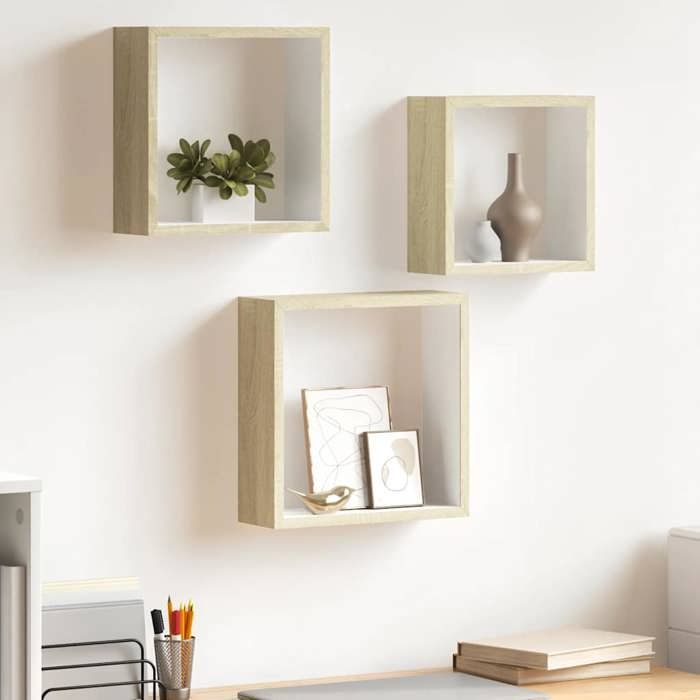 Étagères murales sous forme de cube - vidaXL - MDF - blanc et chêne sonoma - 3 pièces - 30 x 10 x 30 cm@yvn49z
