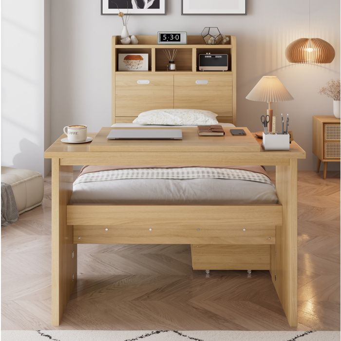 Lit Simple 90x200cm Bois Naturel Lit Combine Moderne FloraGrace Pour Chambre Enfant Ou Adolescent Avec Rangement 264x97x120cm